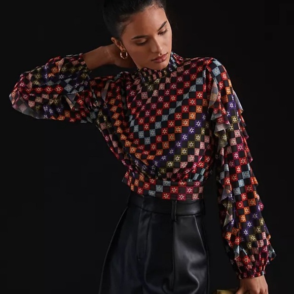 FARM Rio Tops - NWT ANTHROPOLOGIE Farm Rio Checked High-Neck Blouse XL